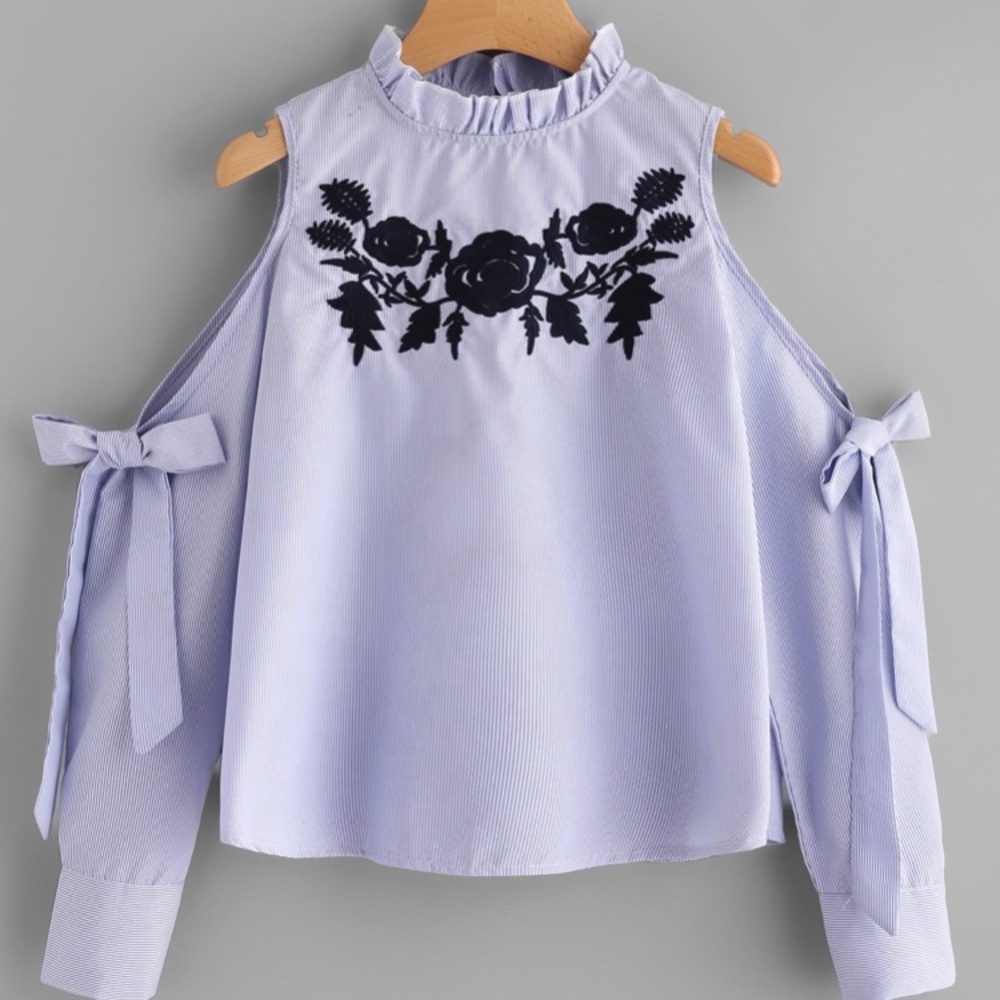 Pinstriped Open Shoulder Tie Embroidery Blouse